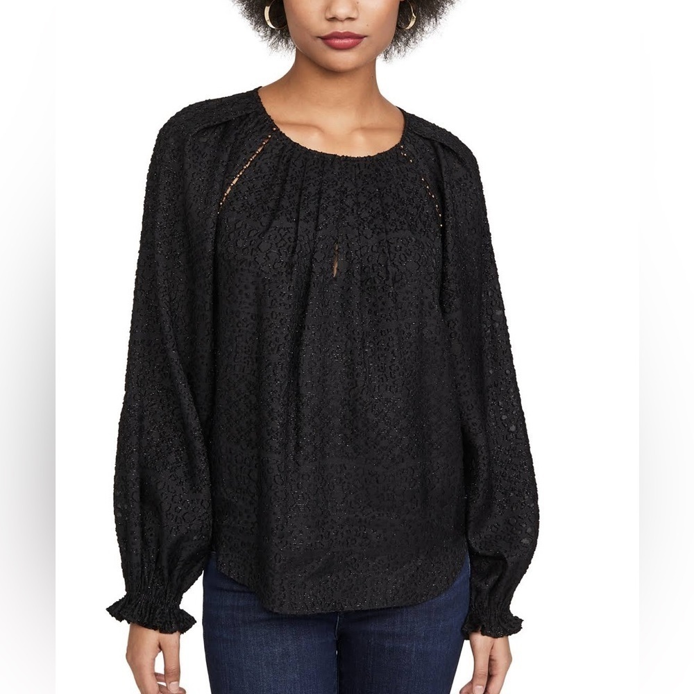 NEW JOIE ADISON METALLIC JACQUARD PEASANT BLOUSE CAVIAR BLACK SIZE XS